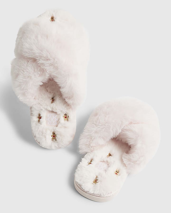 Pink Faux Fur Cross Strap Slippers