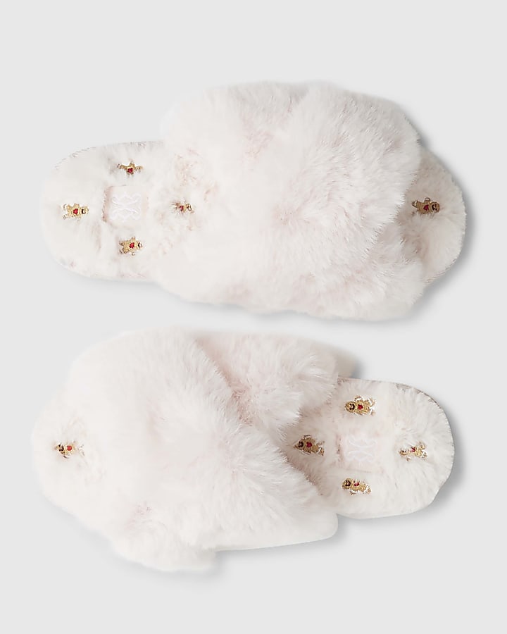 Pink Faux Fur Cross Strap Slippers