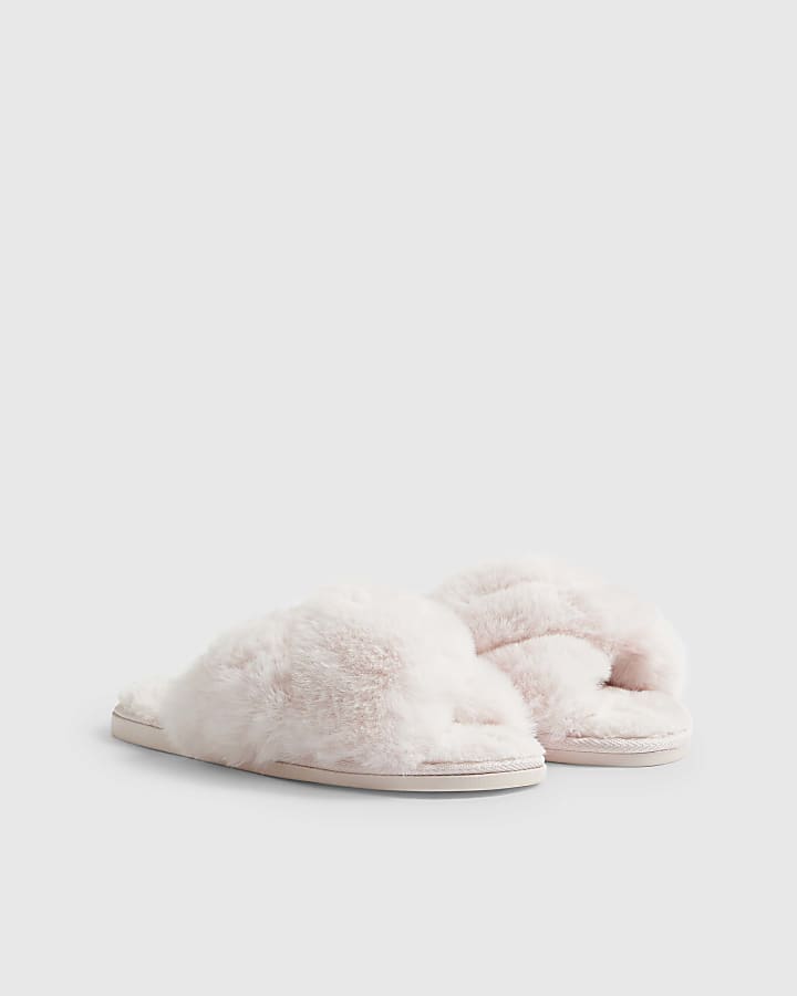 Pink Faux Fur Cross Strap Slippers