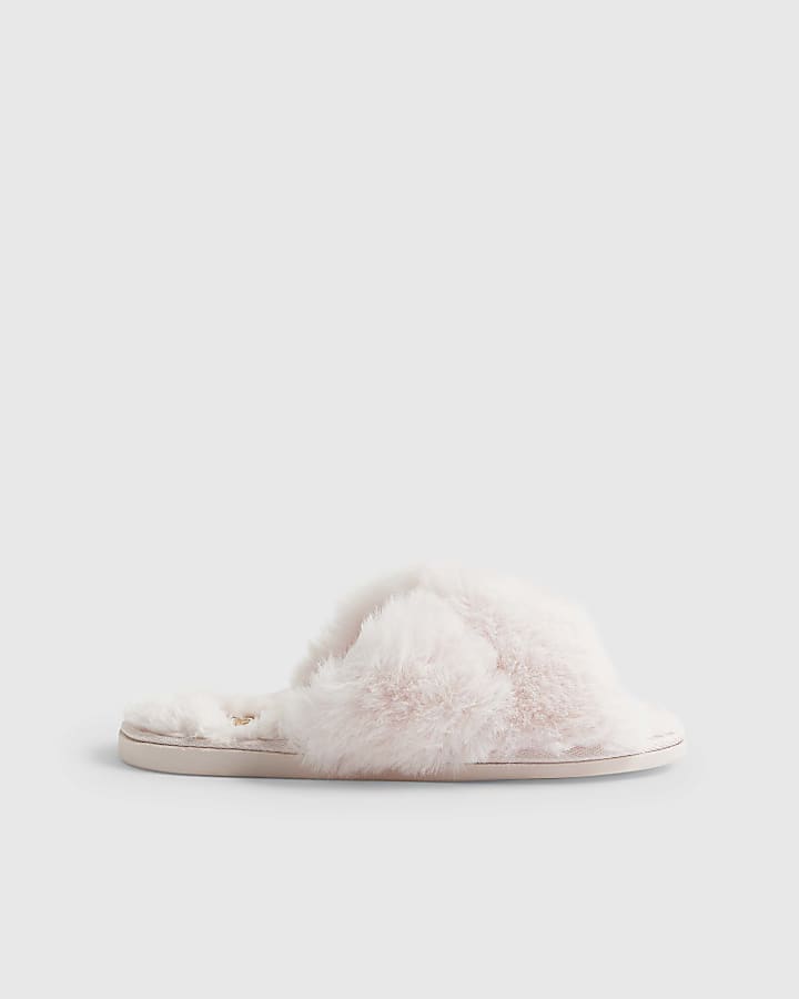 Pink Faux Fur Cross Strap Slippers