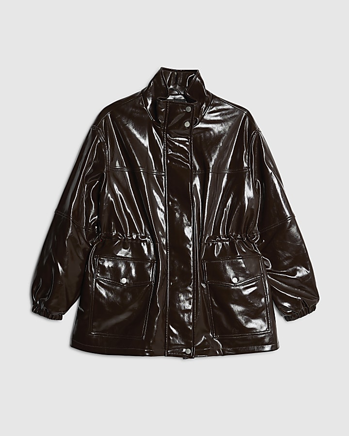 Red Faux Leather Funnel Neck Jacket