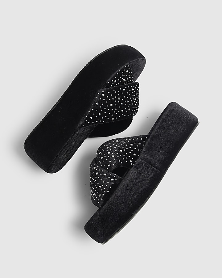 Black Velvet Diamante Platform Slippers