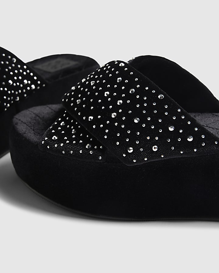 Black Velvet Diamante Platform Slippers