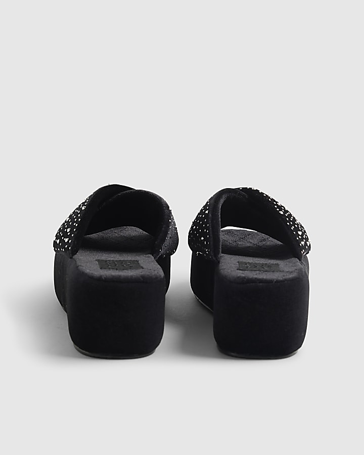 Black Velvet Diamante Platform Slippers