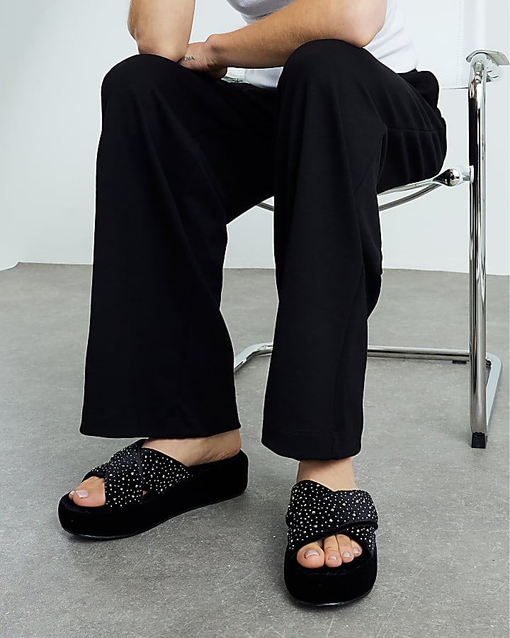 Black Velvet Diamante Platform Slippers