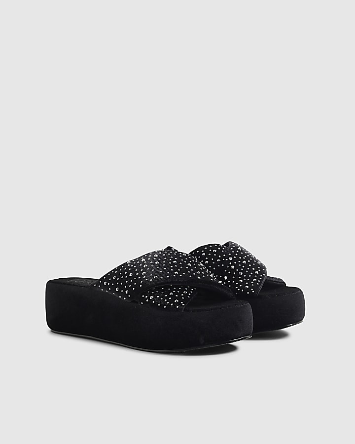 Black Velvet Diamante Platform Slippers