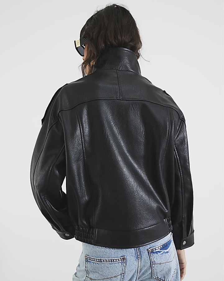 Black Faux Leather Funnel Neck Biker Jacket