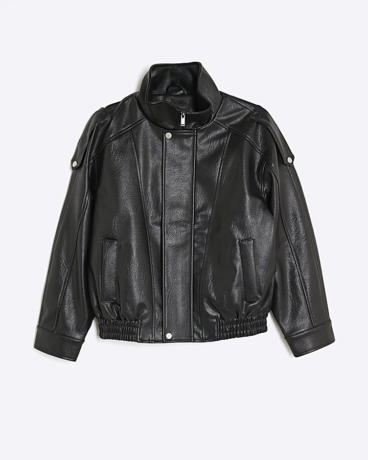 Black Faux Leather Funnel Neck Biker Jacket