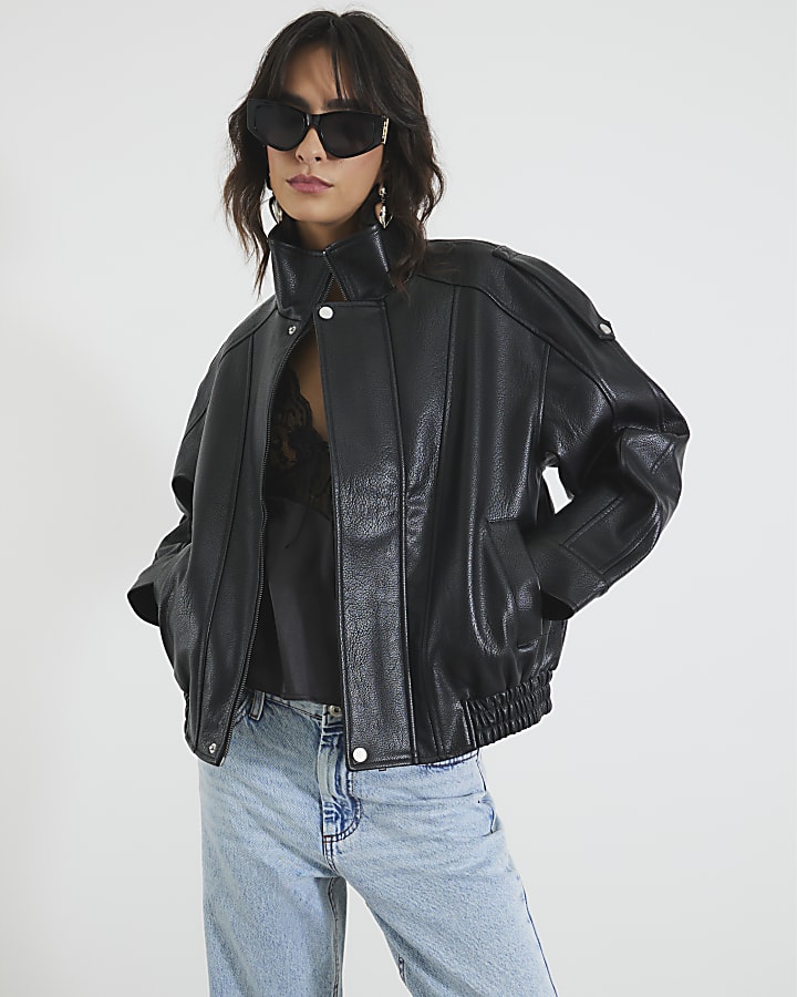 Black Faux Leather Funnel Neck Biker Jacket