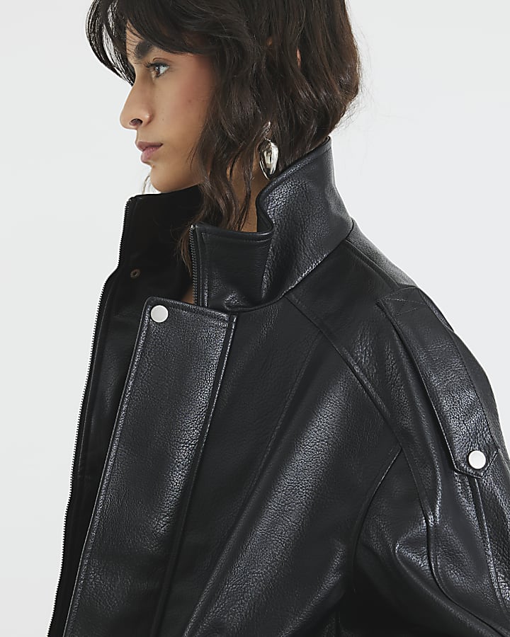 Black Faux Leather Funnel Neck Biker Jacket