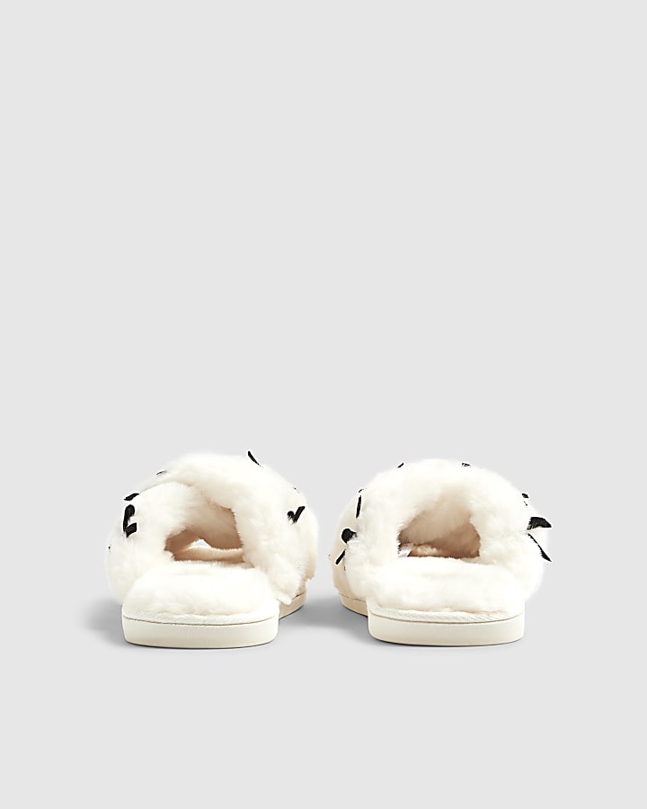 Cream Faux Fur Cross Strap Bow Slippers