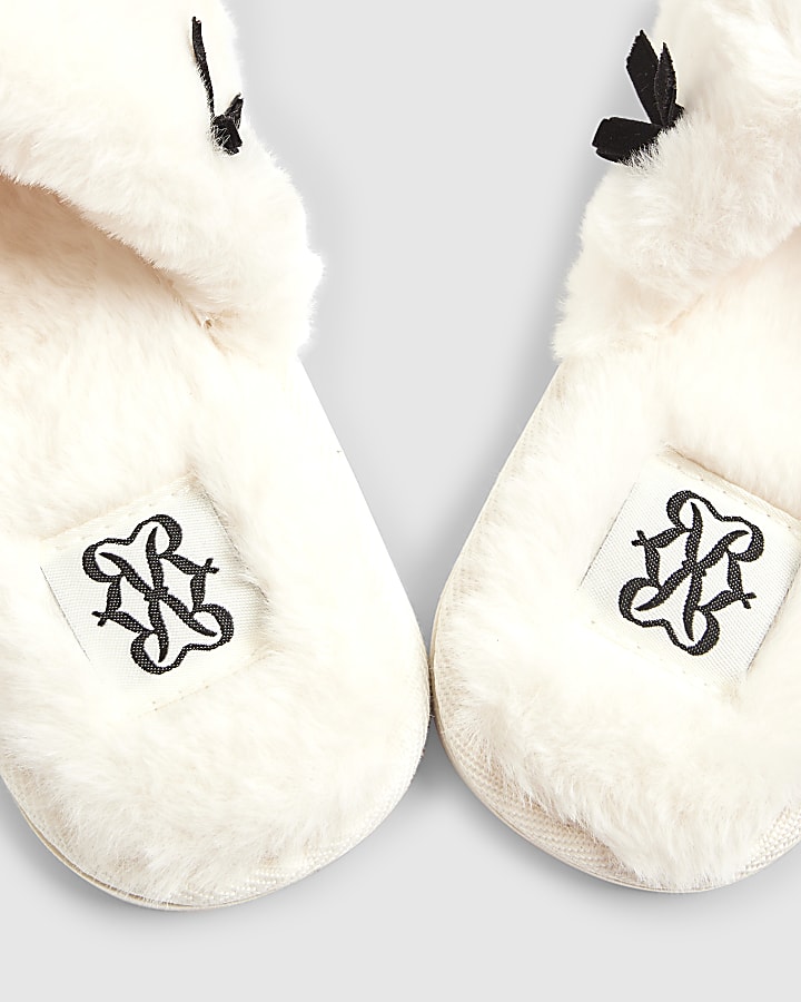 Cream Faux Fur Cross Strap Bow Slippers