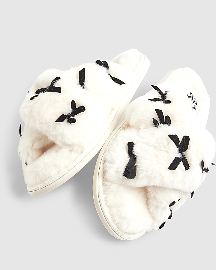 Cream Faux Fur Cross Strap Bow Slippers