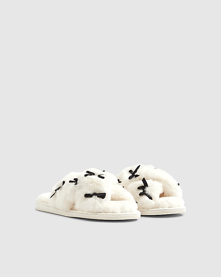 Cream Faux Fur Cross Strap Bow Slippers