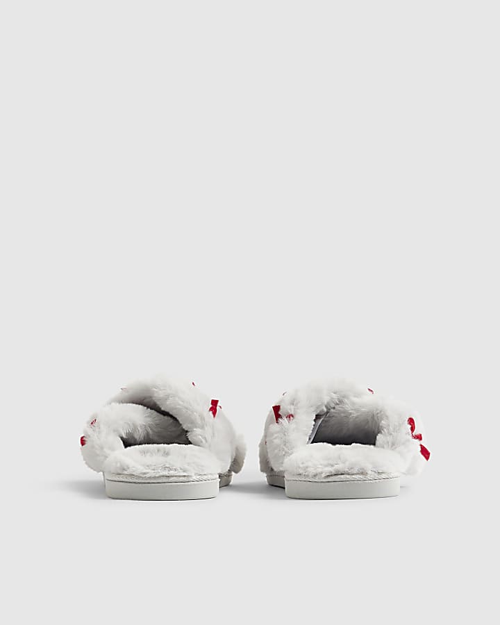 Grey Cross Strap With Bows Slippers