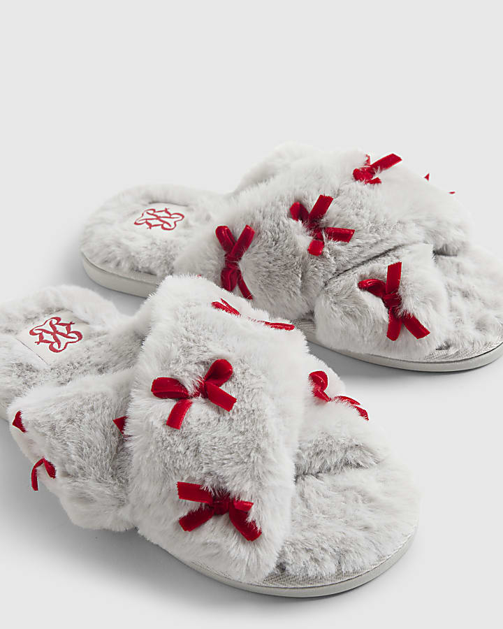 Grey Cross Strap With Bows Slippers