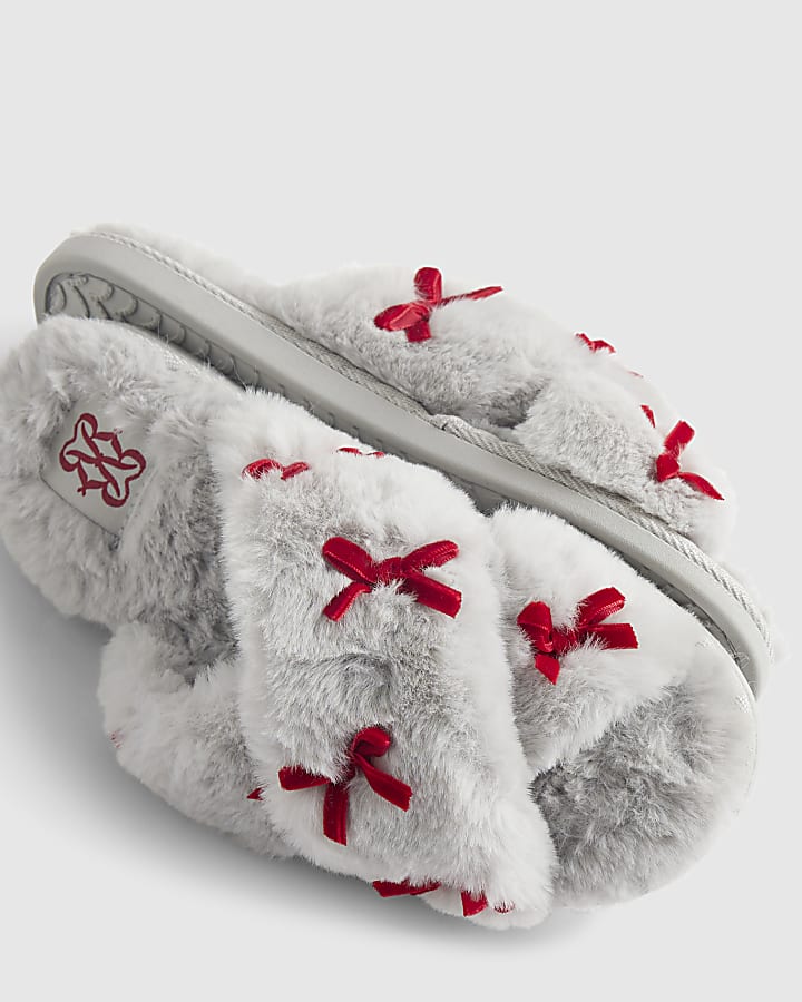 Grey Cross Strap With Bows Slippers