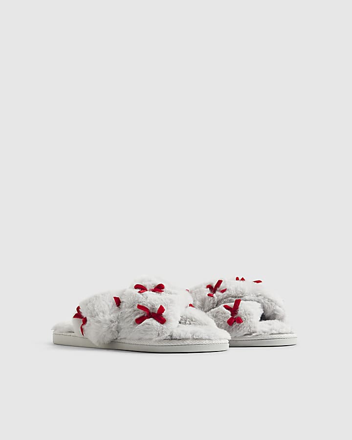 Grey Cross Strap With Bows Slippers