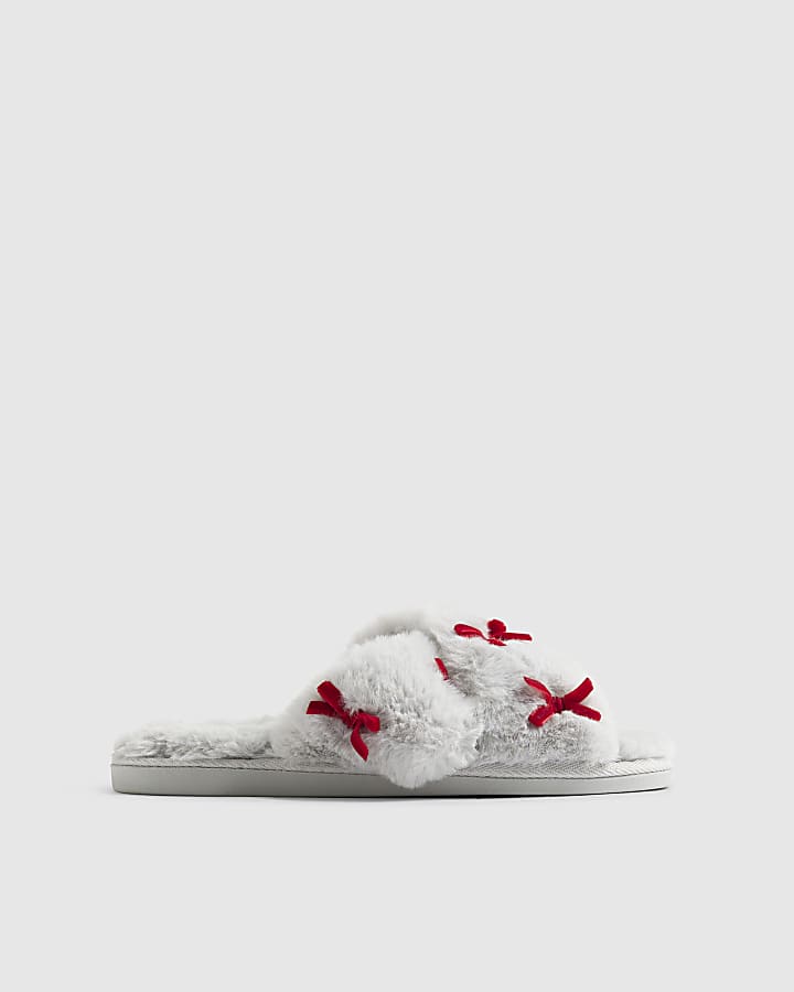 Grey Cross Strap With Bows Slippers