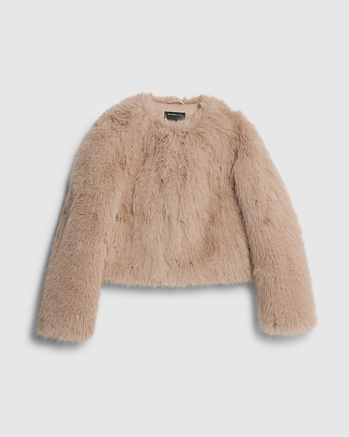 Pink Collarless Faux Fur Coat