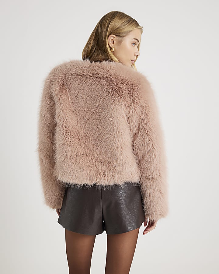 Pink Collarless Faux Fur Coat