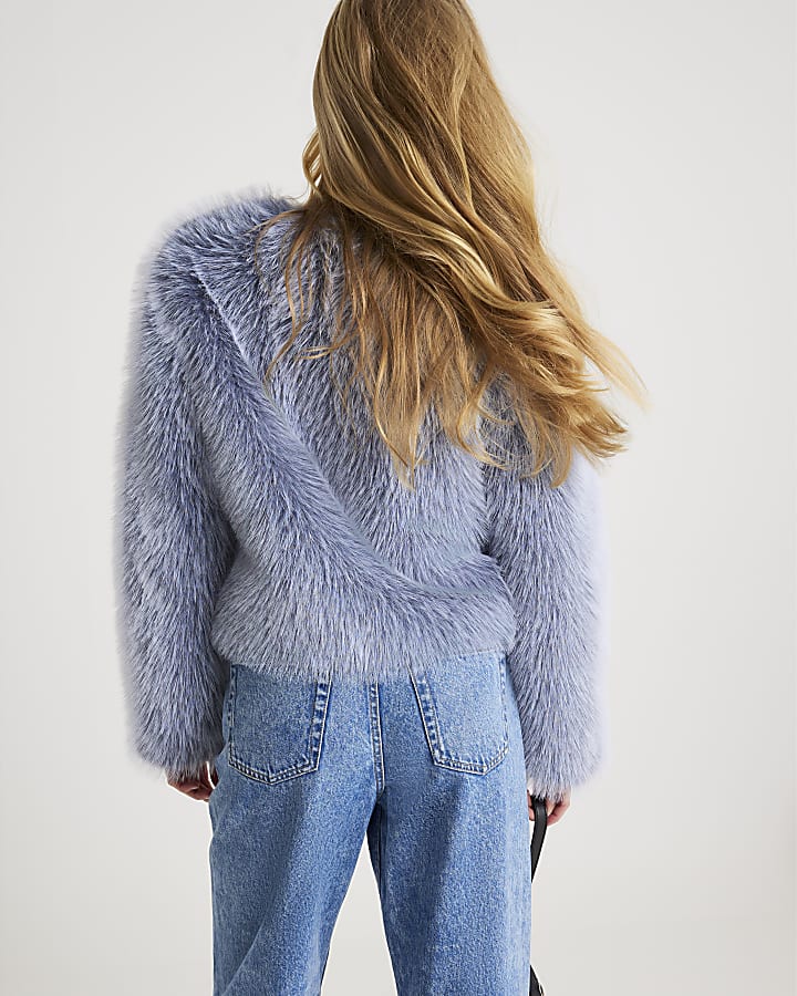 Blue Collarless Faux Fur Coat