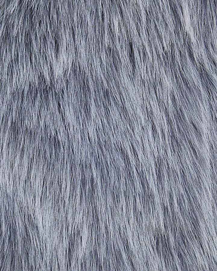 Blue Collarless Faux Fur Coat