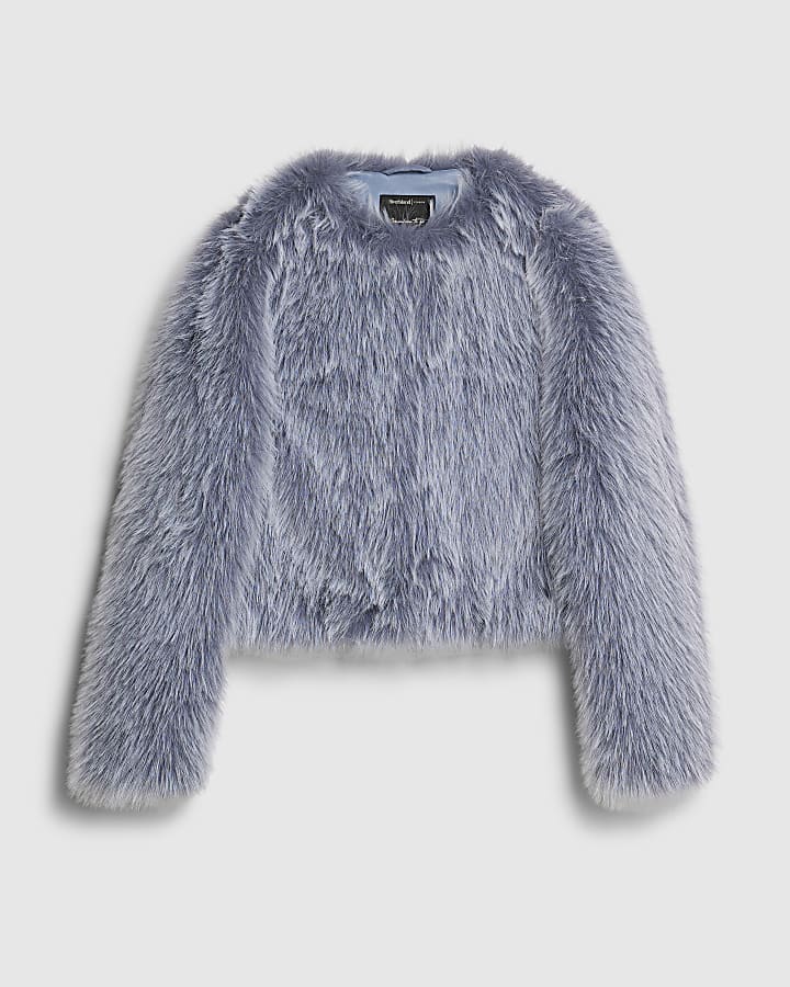Blue Collarless Faux Fur Coat