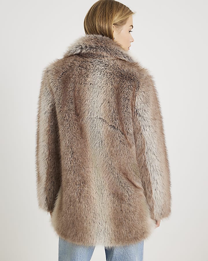 Brown Mid Length Faux Fur Coat