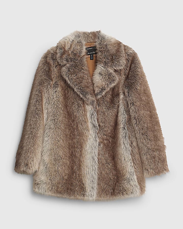 Brown Mid Length Faux Fur Coat