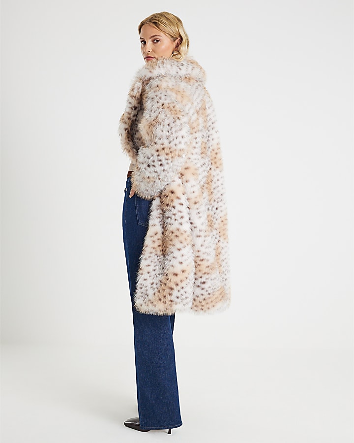 Cream Faux Fur Leopard Print Longline Coat