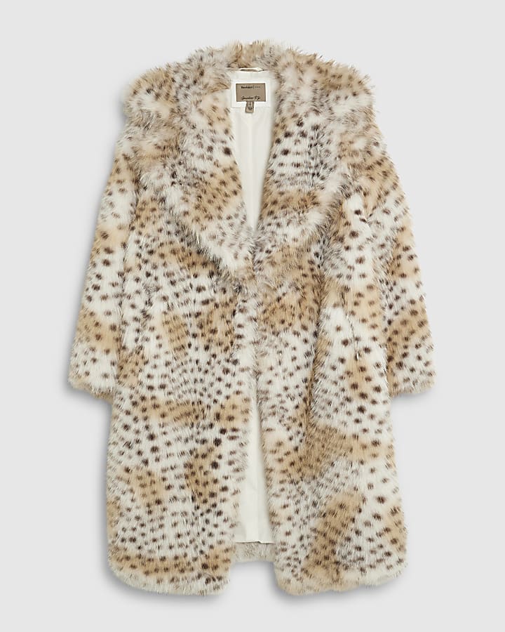 Cream Faux Fur Leopard Print Longline Coat