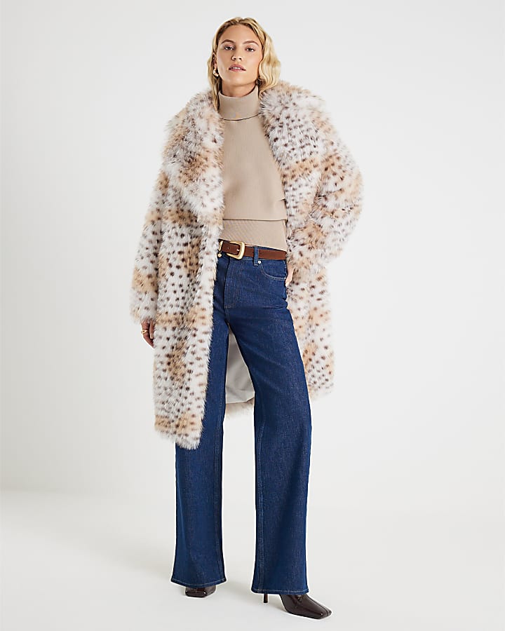 Cream Faux Fur Leopard Print Longline Coat