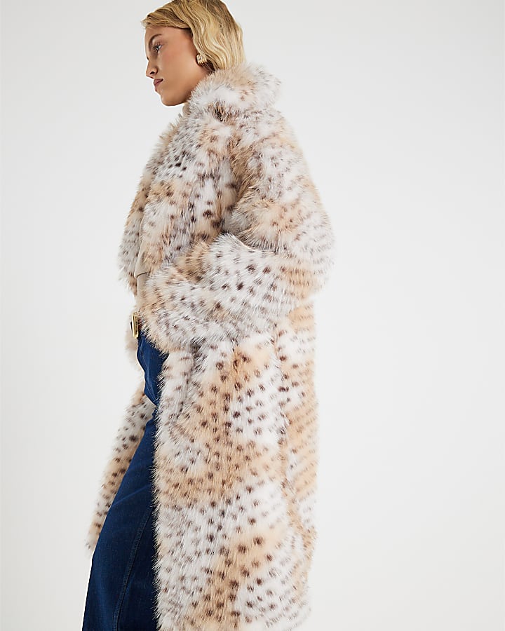 Cream Faux Fur Leopard Print Longline Coat