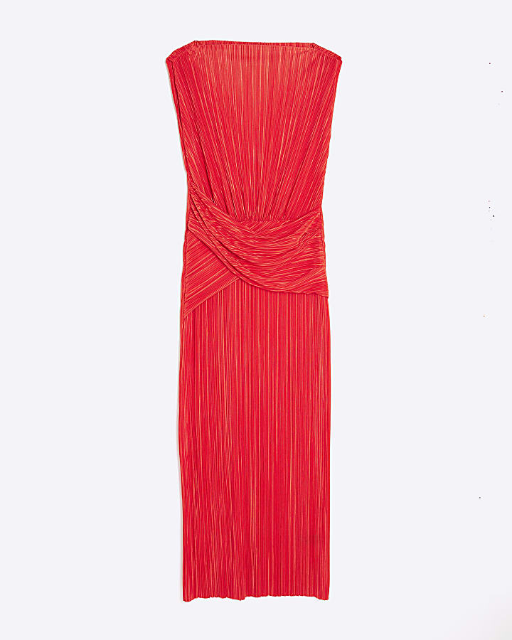 Red Sleeveless Plisse Wrap Waist Midi Dress