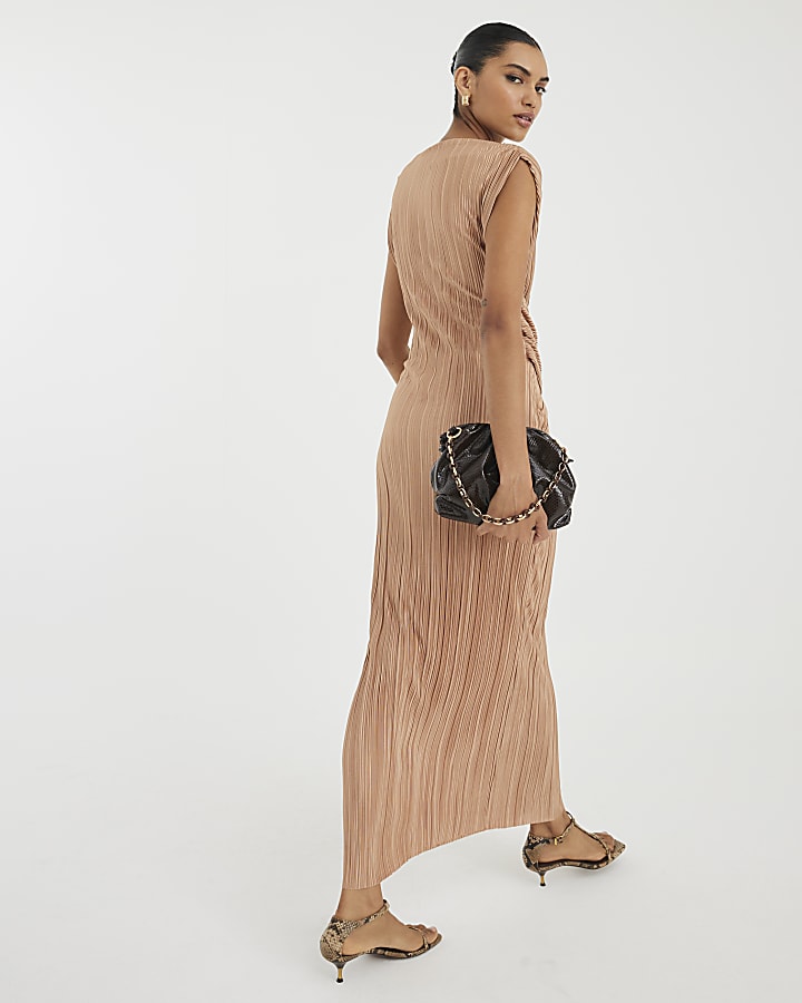 Beige Sleeveless Plisse Wrap Waist Midi Dress