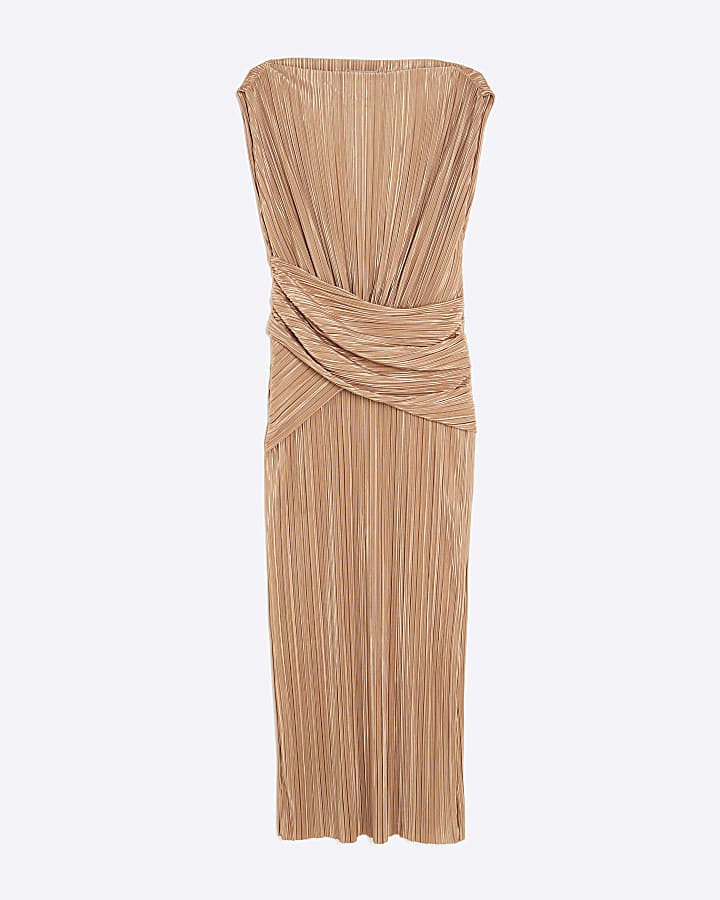 Beige Sleeveless Plisse Wrap Waist Midi Dress