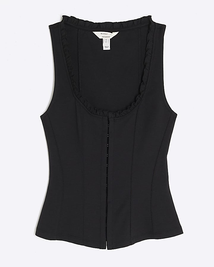 Black Sleeveless Hook And Eye Ruffle Tank Top