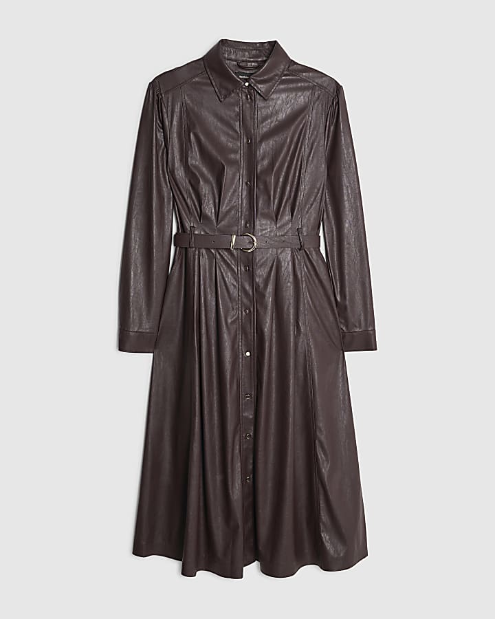 Red faux leather belted midi shirt dress