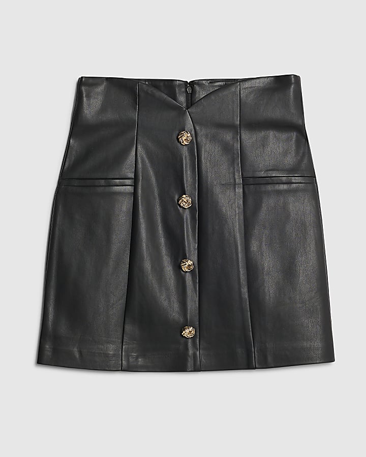 Black Faux leather Button Detail Mini Skirt