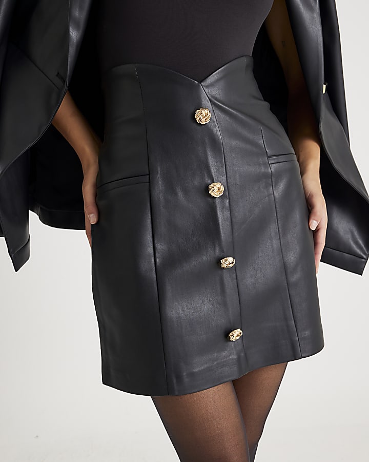 Black Faux leather Button Detail Mini Skirt
