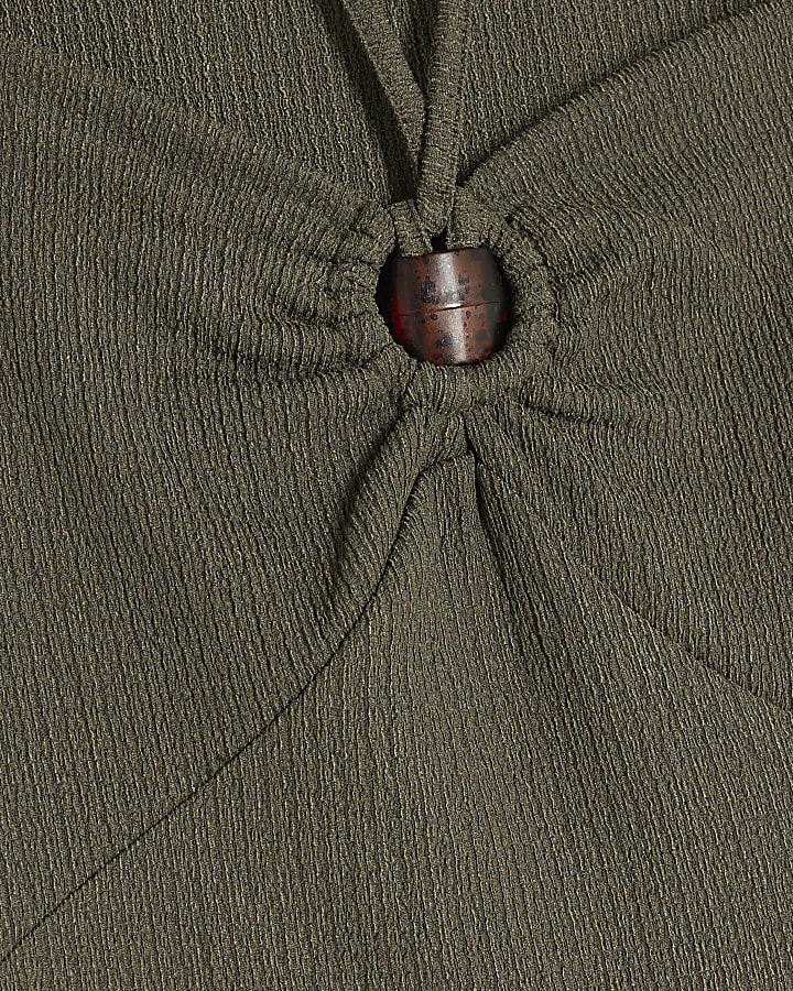 Green Ring Trim Textured Midi Dress