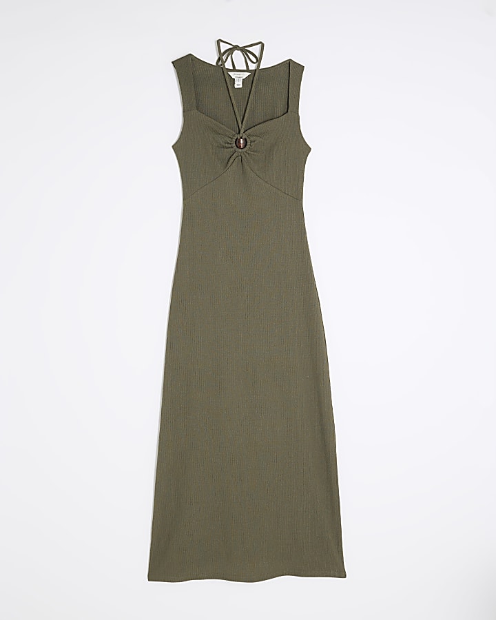 Green Ring Trim Textured Midi Dress