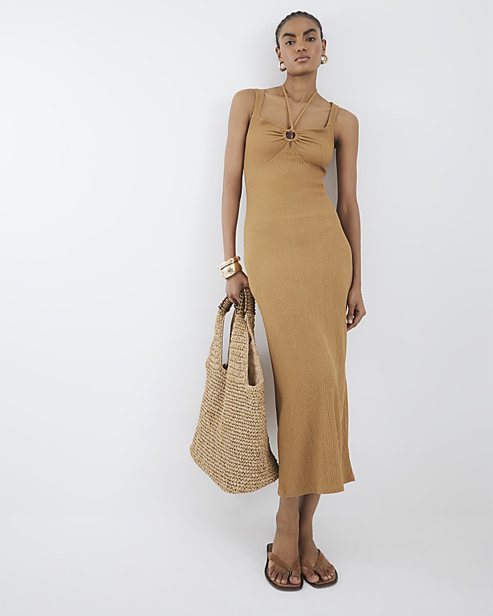 Orange Ring Trim Textured Midi Dress