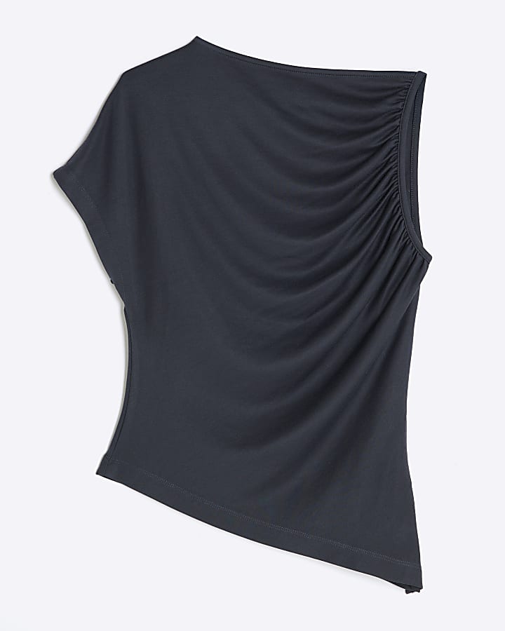 Navy Asymmetric Short Sleeve Drape Top