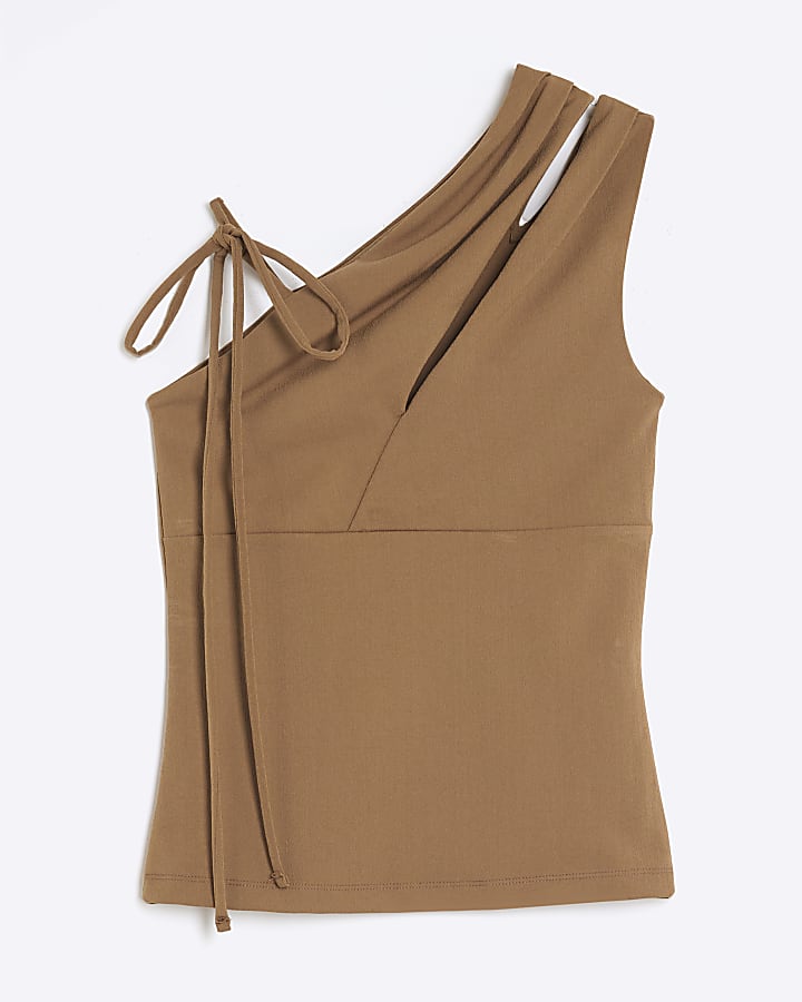 Beige Sleeveless Tie Shoulder Cut Out Top