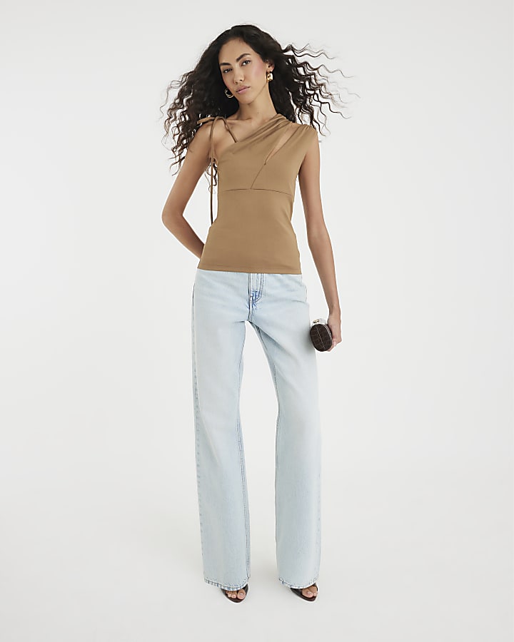 Beige Sleeveless Tie Shoulder Cut Out Top