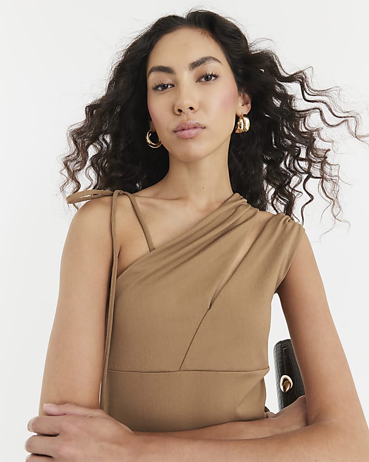 Beige Sleeveless Tie Shoulder Cut Out Top