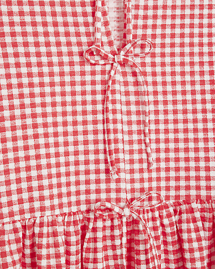 Red Gingham Sleeveless Tie Detail Mini Dress