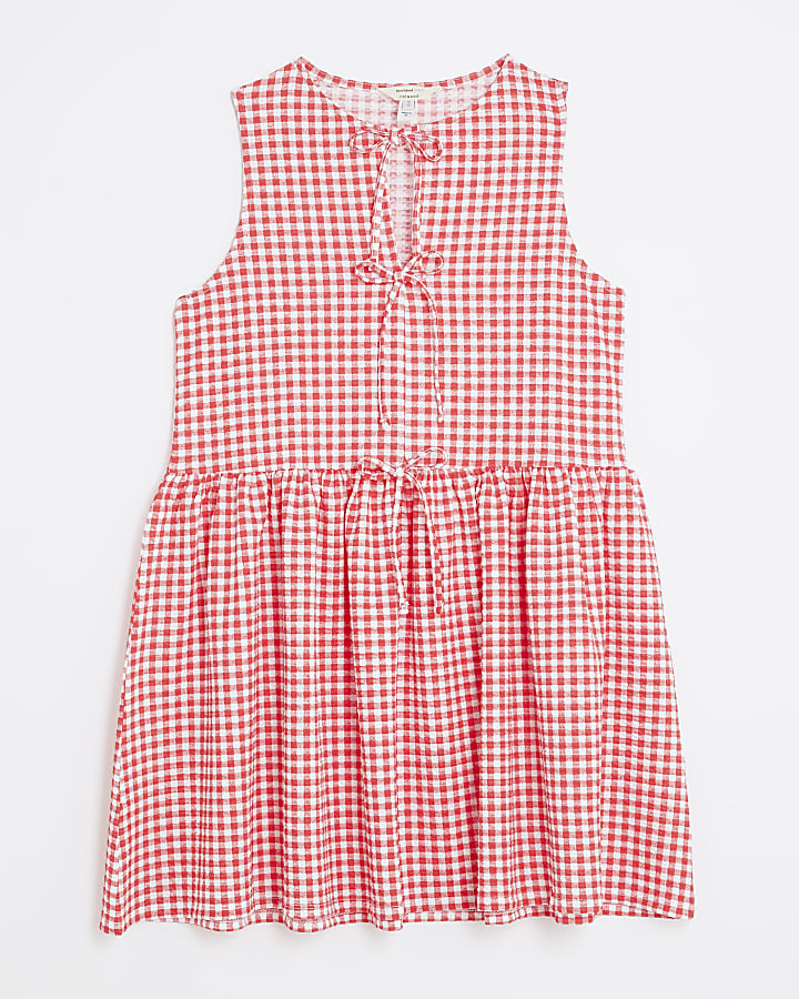 Red Gingham Sleeveless Tie Detail Mini Dress